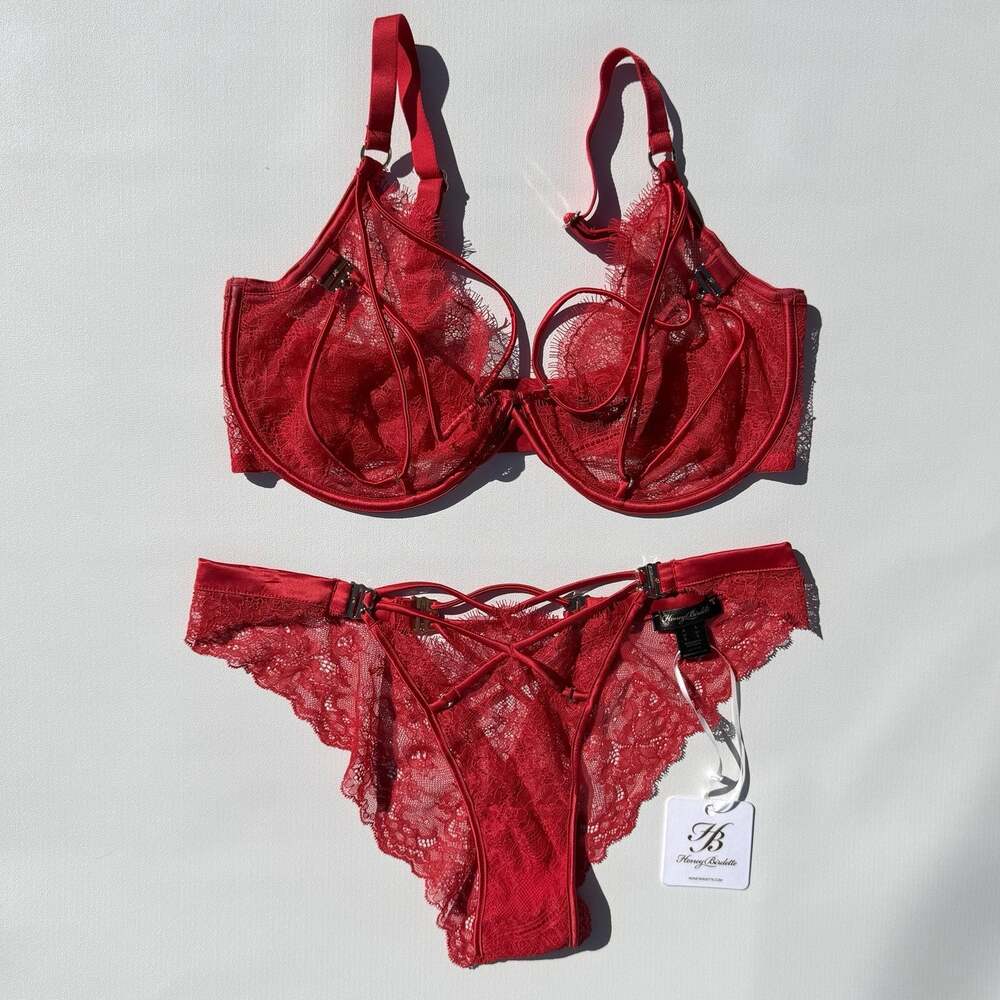 Honey Birdette Tessa Bra Panty Set 36H Large Red Lace Strappy Gold Underwire